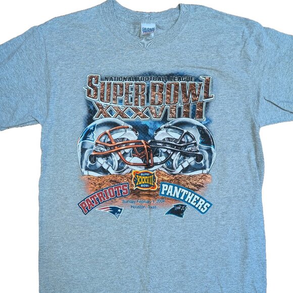Vintage NFL Super Bowl XXXVIII 2004 Graphic T-Shirt Patriots x Panthers Sz Large - Picture 1 of 7